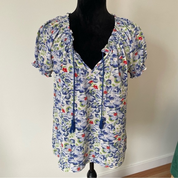 Joie Masha Porcelain & Matisse Floral Print Tassel Split Neck Smocked Top EUC S - Picture 2 of 9